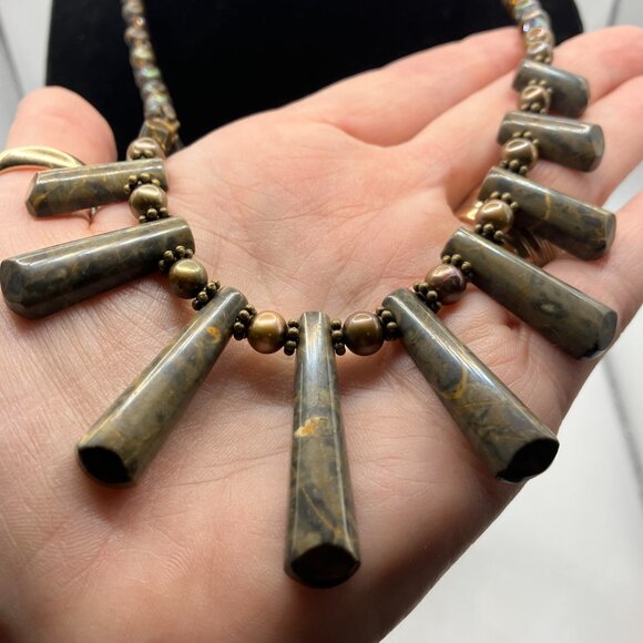 Artisan Natural Bronzite and Pearl Beaded Necklace 19 inches Handmade NEW - Picture 11 of 14